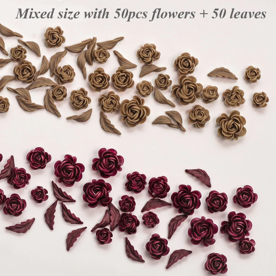 100 Stück gemischte Größe, weiche Rosenblüten und Blätter, Nagelkunst-Charms, Retro-geprägte Nageldekorationen für Herbst-Winter-Maniküre – Detail 5