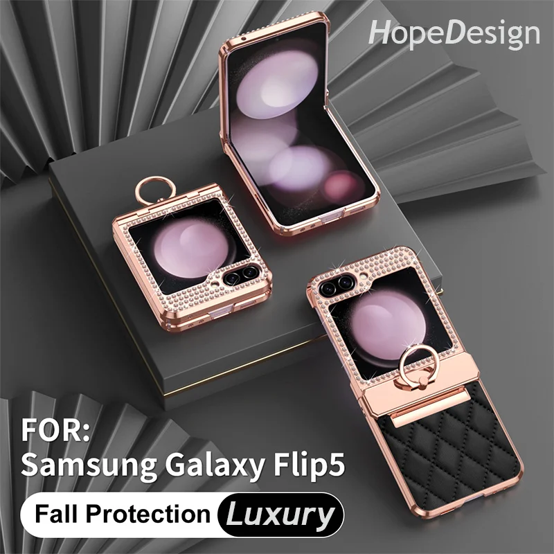 

Роскошный кожаный чехол из овечьей кожи с бриллиантами для Galaxy Z Flip 5 5G Flip3 Z Flip 4 Flip5 защитный противоударный чехол с кольцом-держателем для объектива