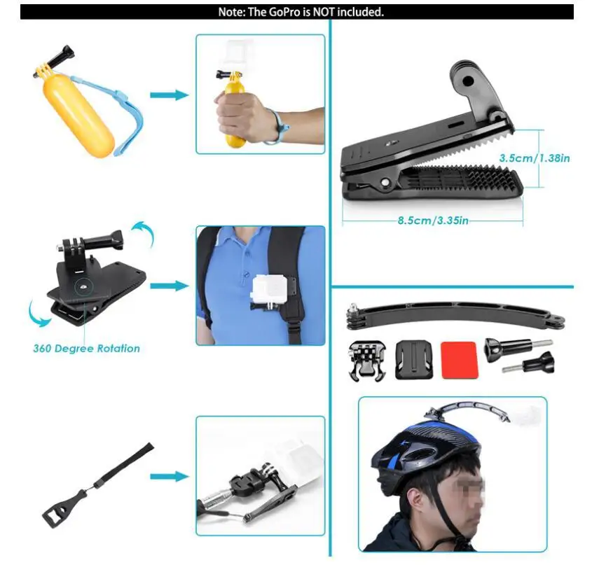 Accessoires variés du kit 50 en 1 pour caméra d'action, prêts à être utilisés avec GoPro, DJI ou Insta360.
