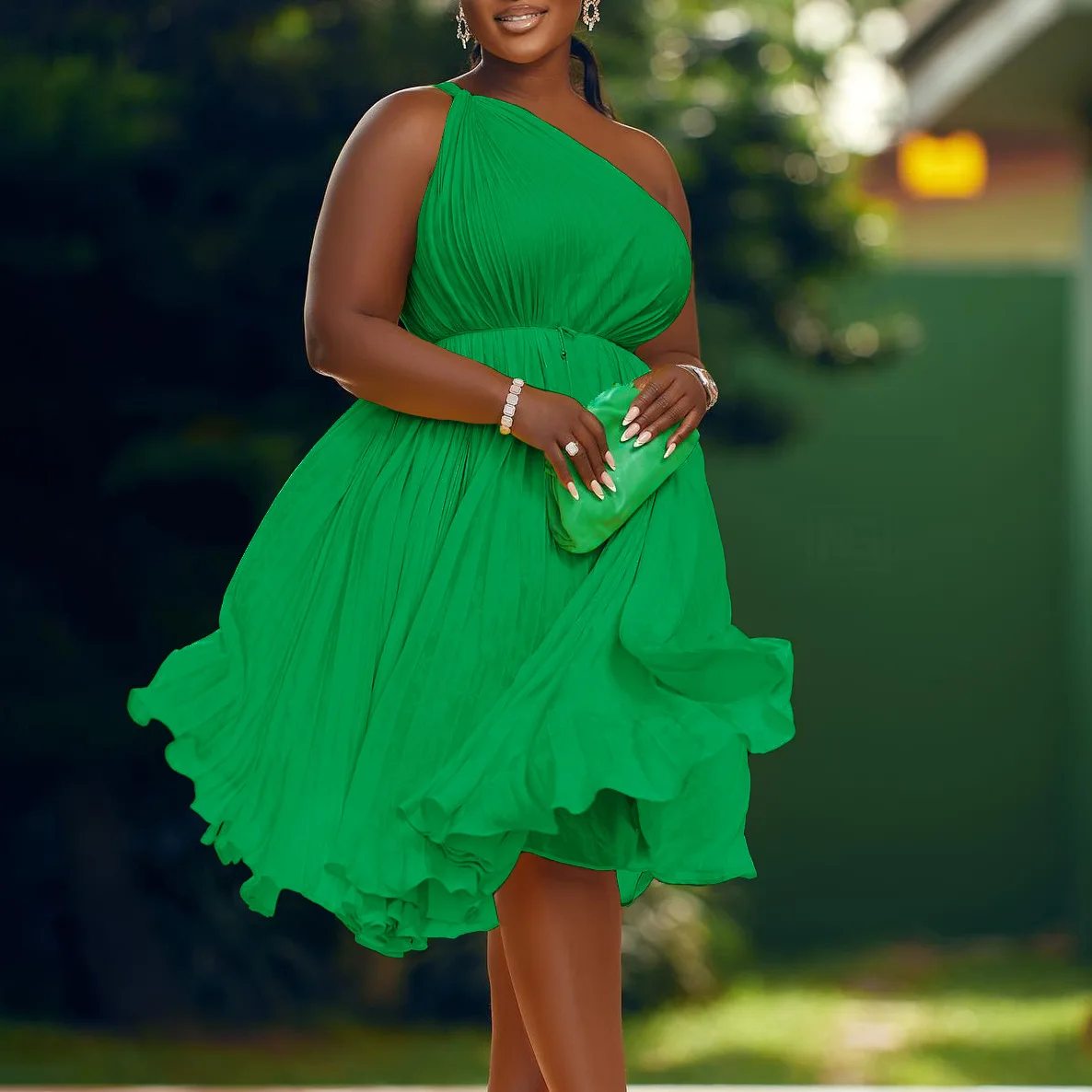 

African Dresses for Woman One Shoulder Sleeveless Big Swing Pleated Midi Dress 2023 Fashion Sexy Vestidos