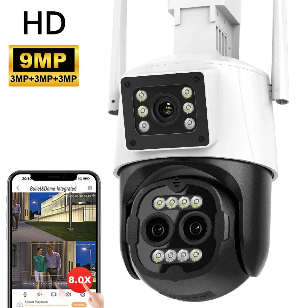 9MP 4K HD WiFi IP Camera Outdoor 8X Zoom Three Lens Dual Screen PTZ Cam Auto Tracking 8MP Security Video Surveillance CCTV Home