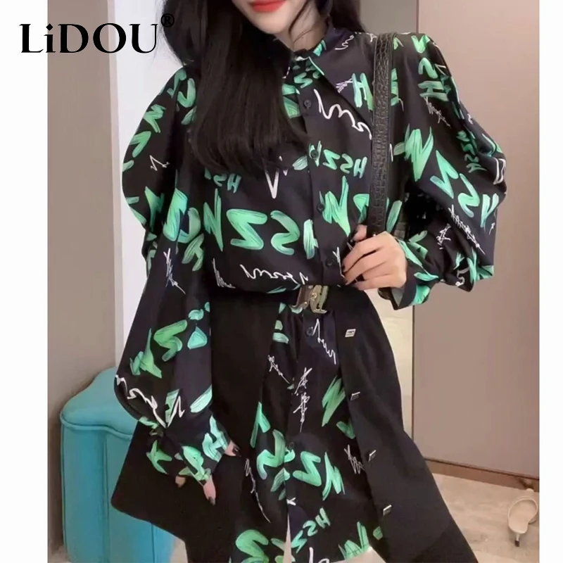 

2023 Spring Autumn New Y2K Doll Collar Puff Sleeve Button Mid-length Shirt Women Solid Color Girdle Casual Loose All-match Tops