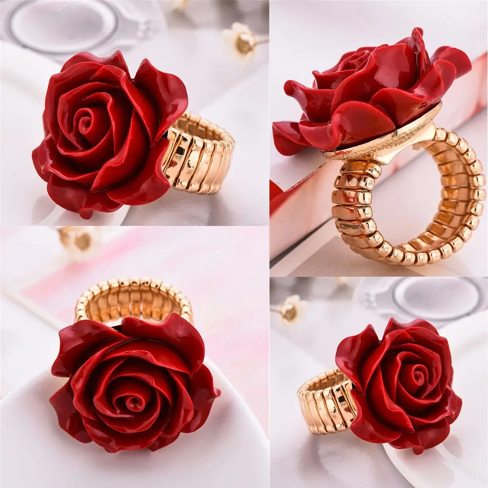New Flower Floral Wedding Party Adjustable Carved Rose Ring Statement Resin