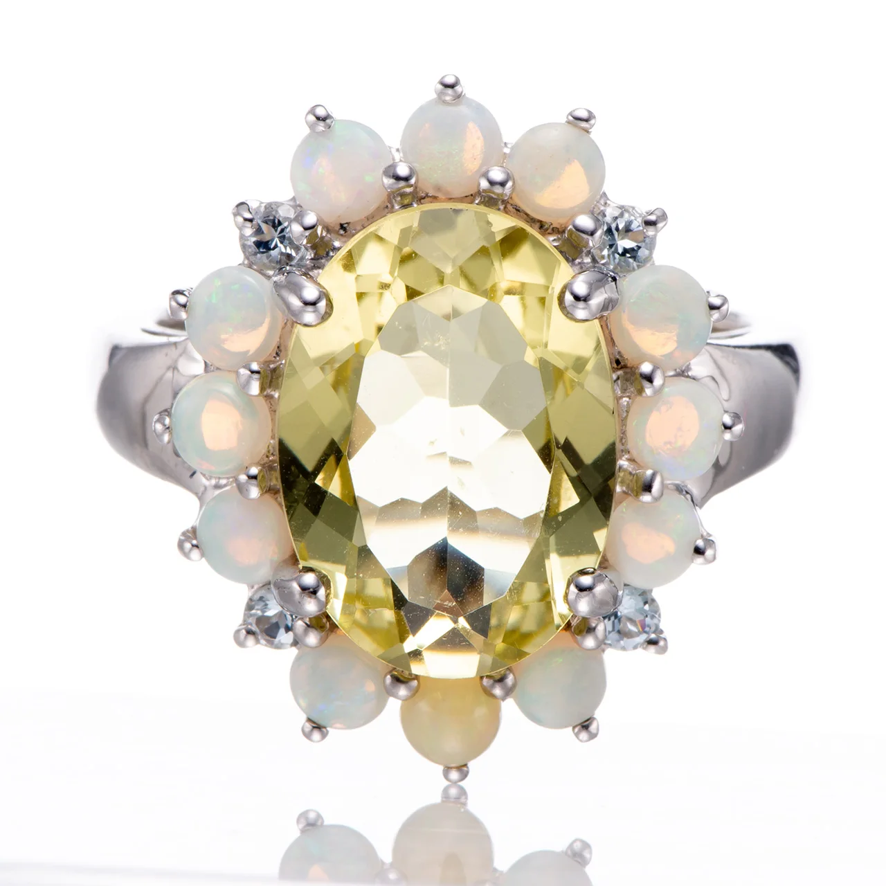 

Yellow Lemon Quartz,Opal,Aquamarine Rhodium Over Sterling Silver Ring