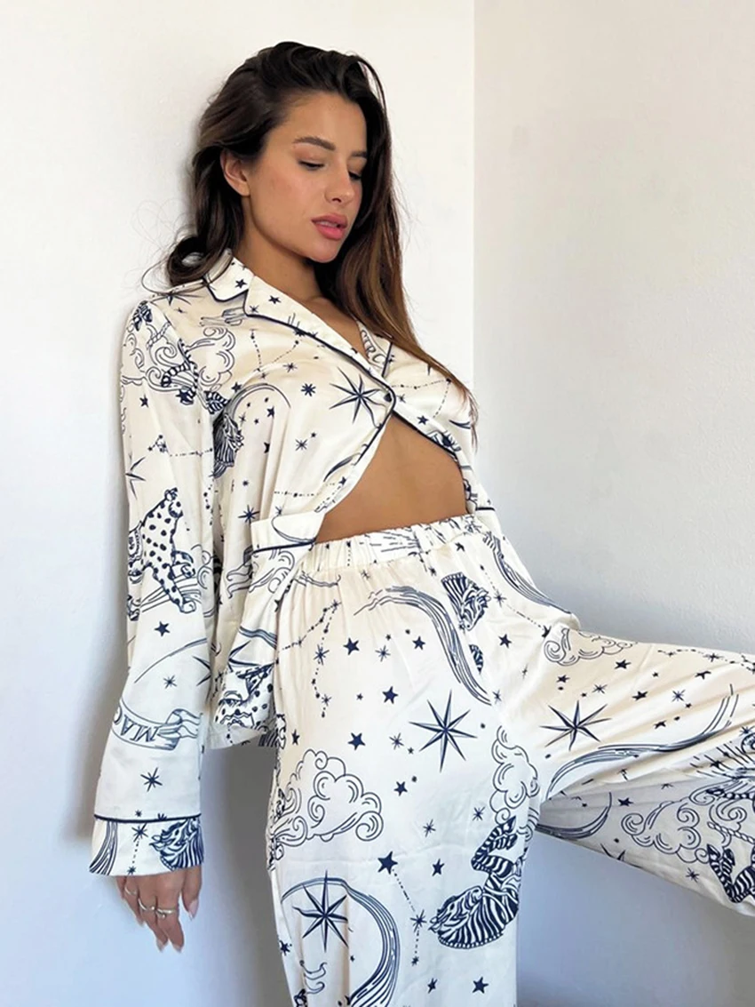 Marthaqiqi Printing Femme Pyjamas Suit Turn-Down Collar Sleepwear Long Sleeve Nightwear Wide Leg Pants Casual Home Clothes Women