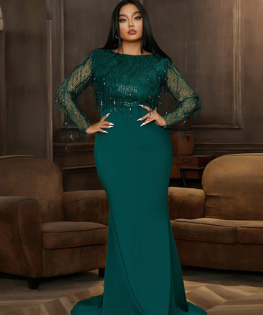 Plus Size Women's Dress 2023 New Fashion Large High Waist Lady Female Maxi Dress Long Sleeve Tassels Evening Party Dresses