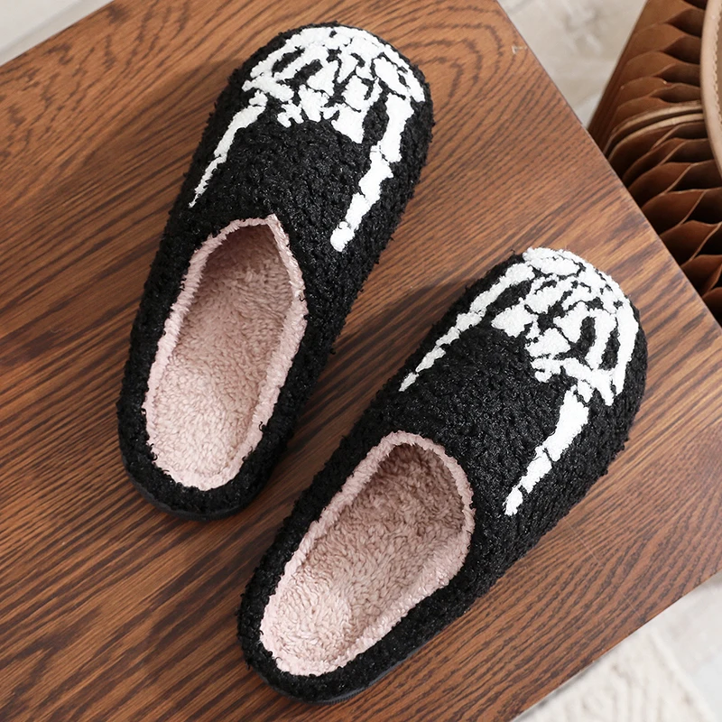 Skeleton Finger Embroidery Printing Platform Slippers Women Fashion Halloween Plush Slippers Woman Non Slip Home Cotton Shoes