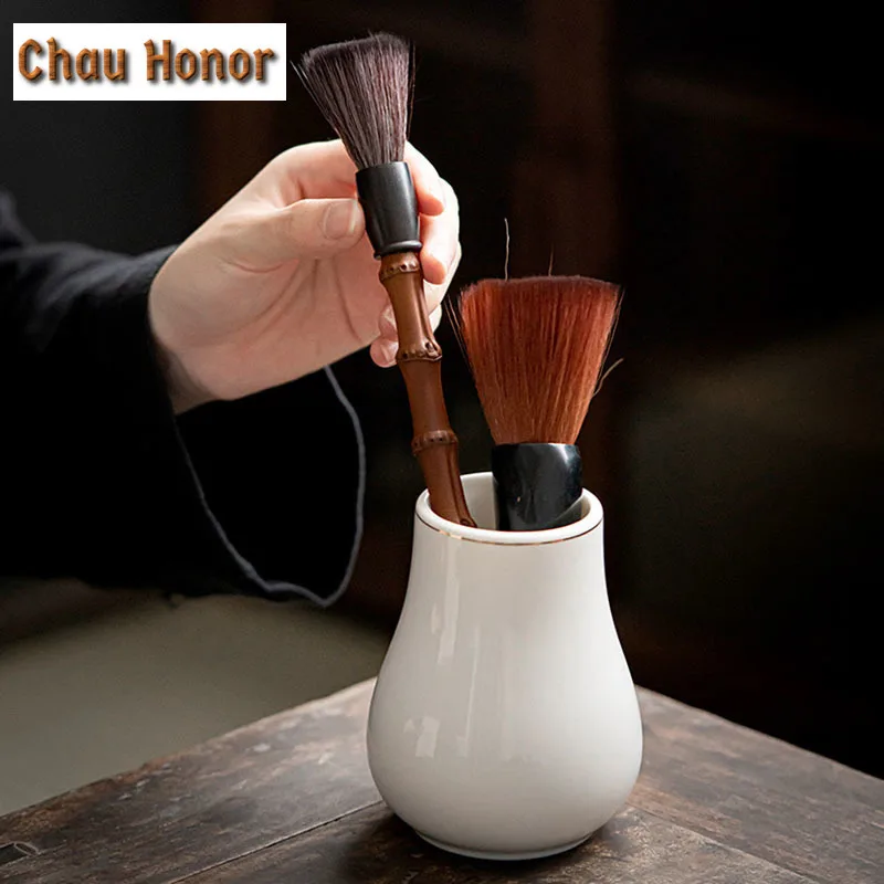 Chinese Kung Fu Tea Brush Handmade Black Ox Horn Wash Pot Cover Brush Bamboo Root Tea Spoons Tea Ceremony Parts Teaware Set Tool