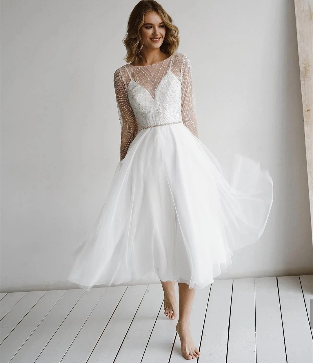 

Elegant Lace Wedding Dress Women Long Sleeves Beading Sashes Backless Appliques Party Short Gown Robe Mid Calf A Line Style
