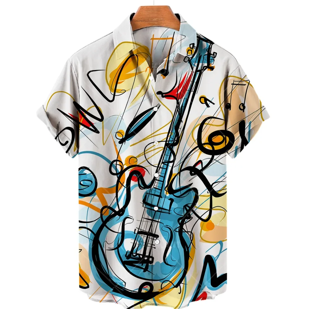 Summer Men's Hawaiian Shirt Music Guitar 3D Printed Design Personalized Top Clothing Fashion Casual Oversized Collar Rock Shirt