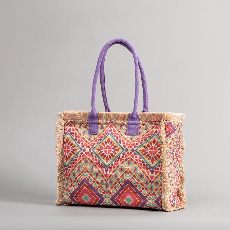

Summer Women's Bohemian Print Vintage Zipper Large Capacity Canvas One Shoulder Tote Bag