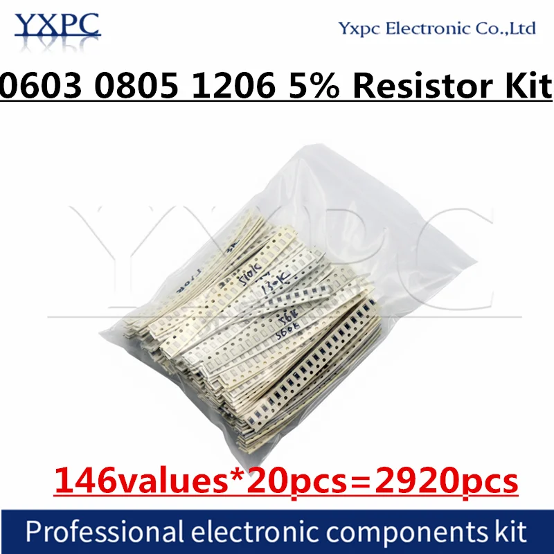 146values*20pcs=2920pcs 0603 0805 1206 5% Resistor Kit 0R~1M ohm Samples Sets