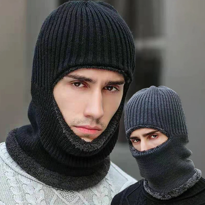 Winter Plush Knit Balaclava Hat Men Women Thicken Warm Wool Beanies Scarf Outdoor Windproof Full Face Cover Mask Caps