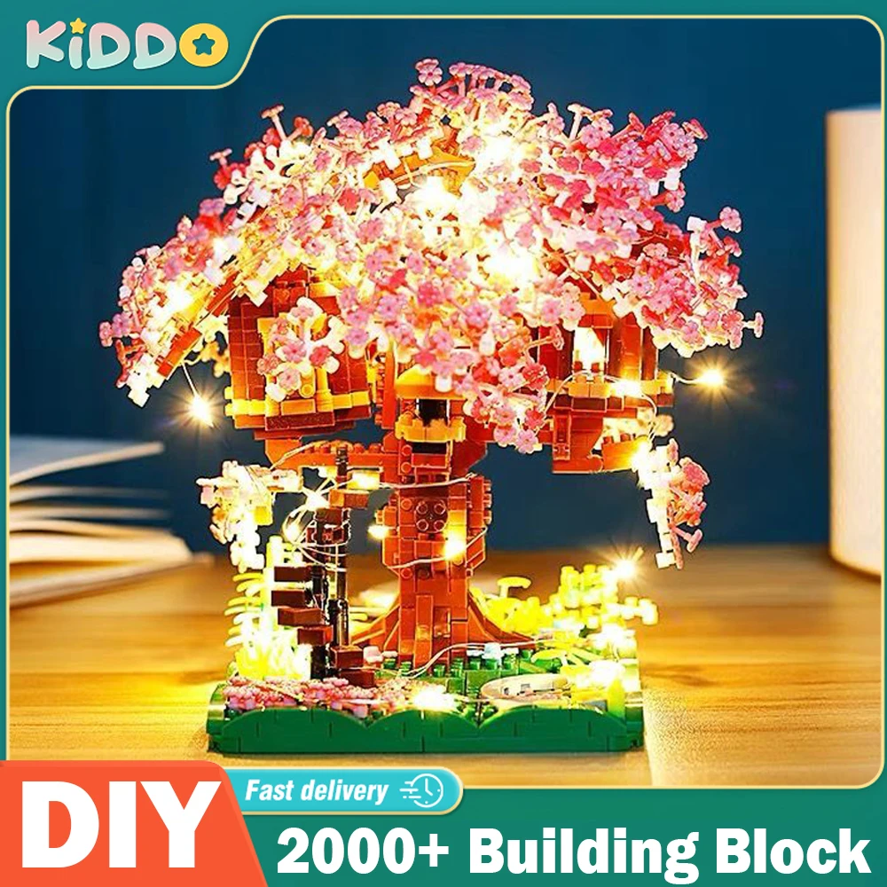 

Sakura House Tree Trains With Lights Building Blocks Kids Toys City Street View Assemble Bricks Montessori Creative Gift for Kid