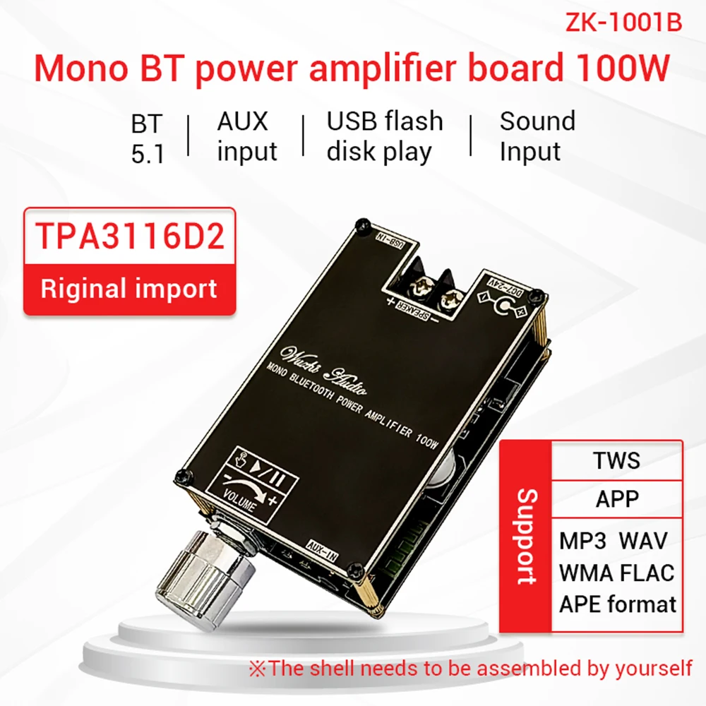 

ZK-1001B Mono 100W Bluetooth 5.1 15M Audio Power Amplifier Board Module DC7-24V TPA3116 AMP for Speakers 20-100W Support APP