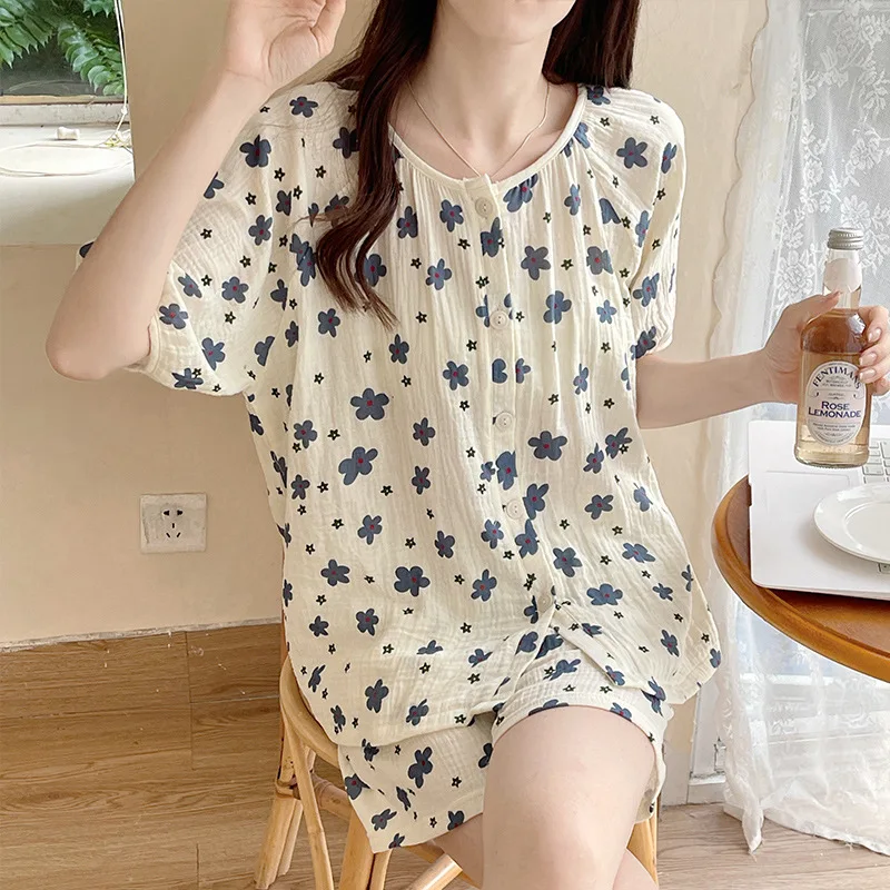 Pajamas, Women's Summer Cotton Gauze Cardigan Short Sleeved Shorts Two-piece Loose Fitting Home Clothing, Can Be Worn Externally 2021 spring pajamas women s long sleeved cotton gauze cardigan home service two piece suit can be worn outside