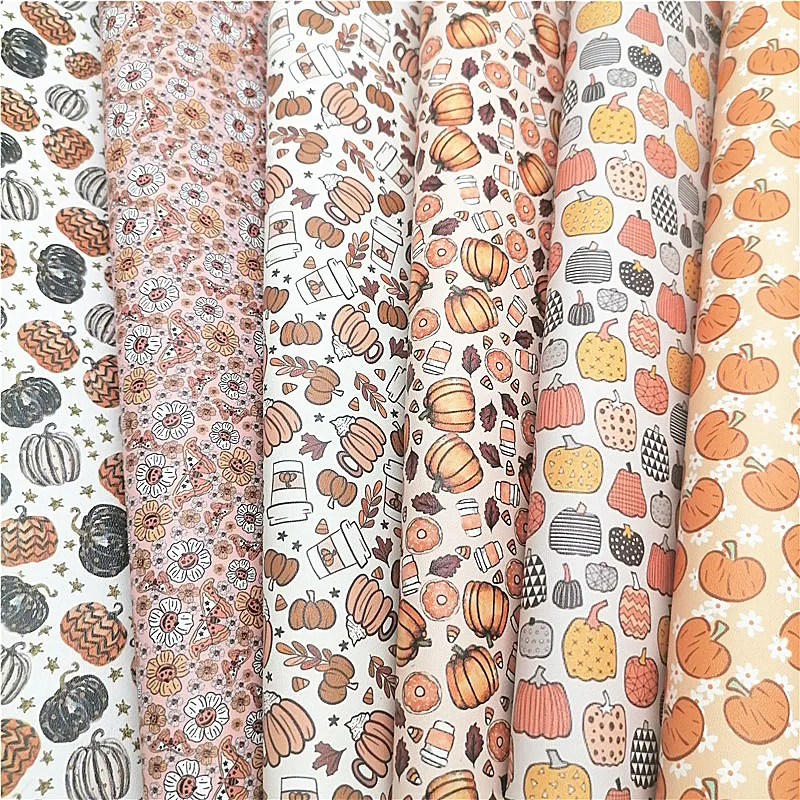 Fall Autumn Harvest Pumpkins Printed Synthetic Leather Fabric Sheets Faux Leather For Bows DIY Craft Sheets Mini Rolls W242