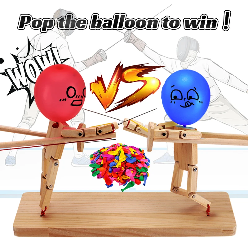 

30cmx5mm Balloon Bamboo Man Battle,Handmade Wooden Fencing Puppets With Balloons,Fun Fast-Paced Balloon Fight Game for 2 Players