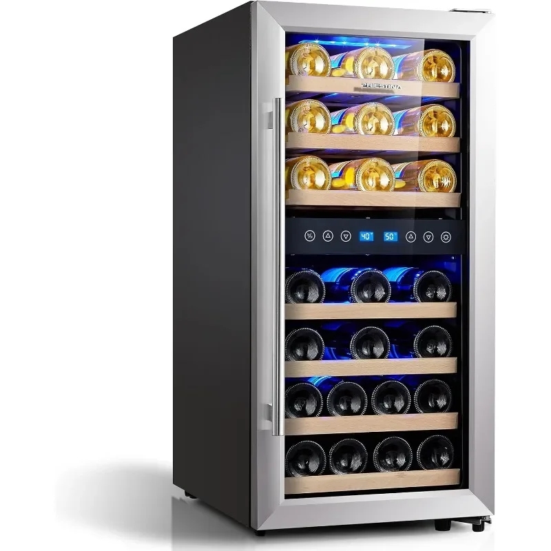 Phiestina Wine Cooler Refrigerator 16 inch Wine Refrigerator 33 Bottles Dual Zones Mini Fridge Auto Defrost Temperature