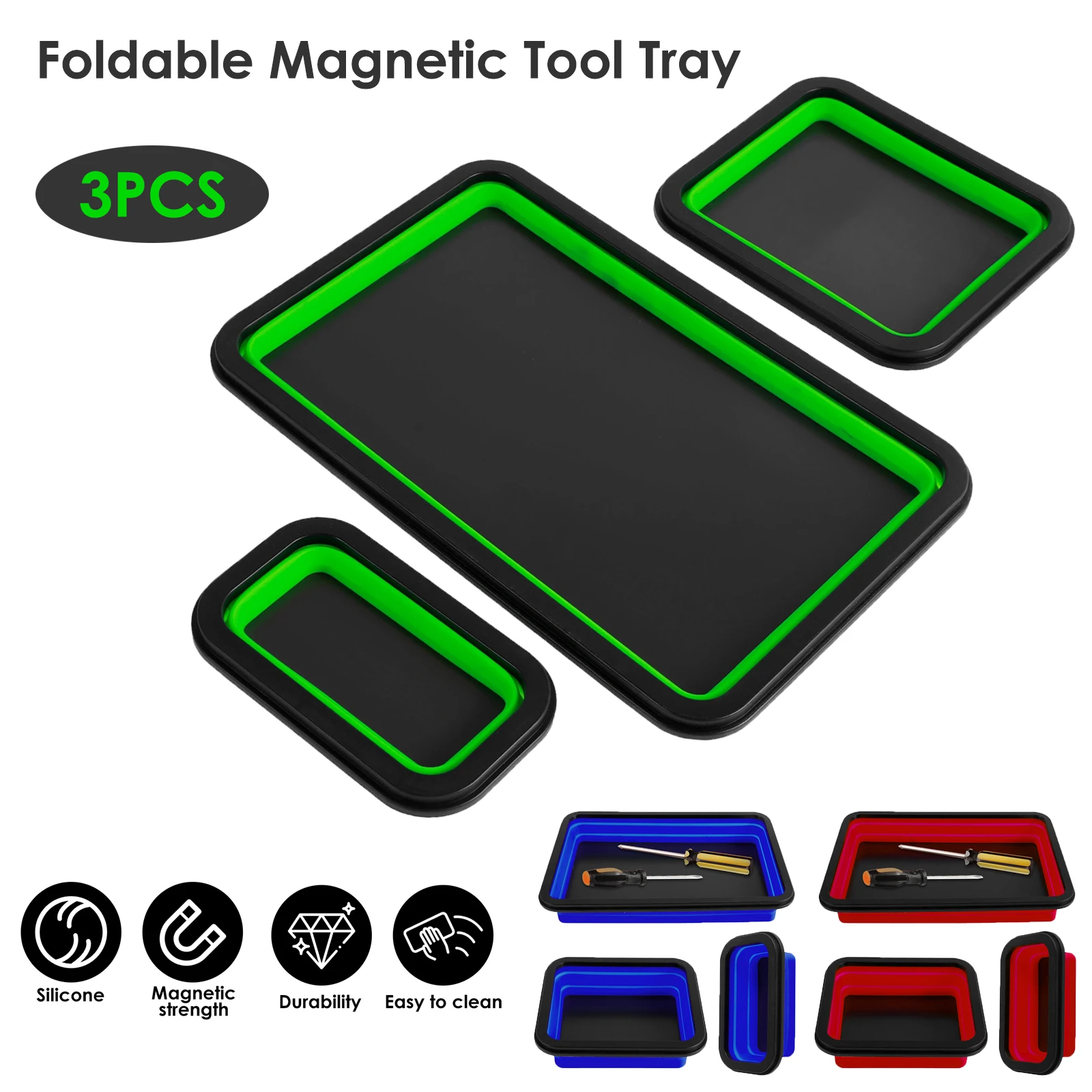 3 Stuks Inklapbare Magnetische Onderdelenlade Set - Siliconen Opvouwbare Magnetische Gereedschapslade In 3 Maten