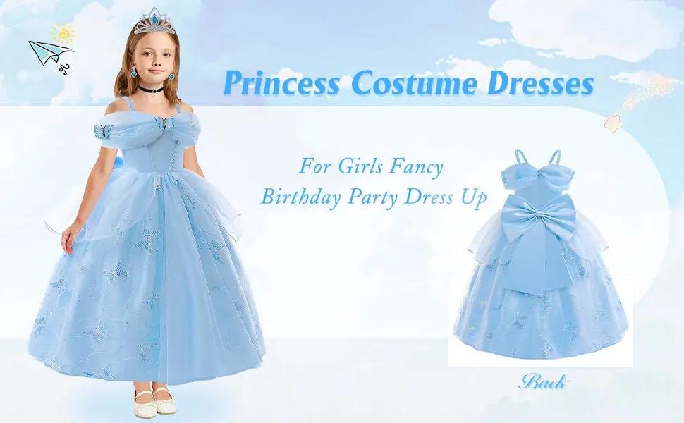 Mädchen Party Kleider Cinderella Mädchen Blau Cosplay Kostüm Pailletten Schmetterling Prinzessin Kleid Mit Zubehör Kinder Karneval Kleid – Detail 1