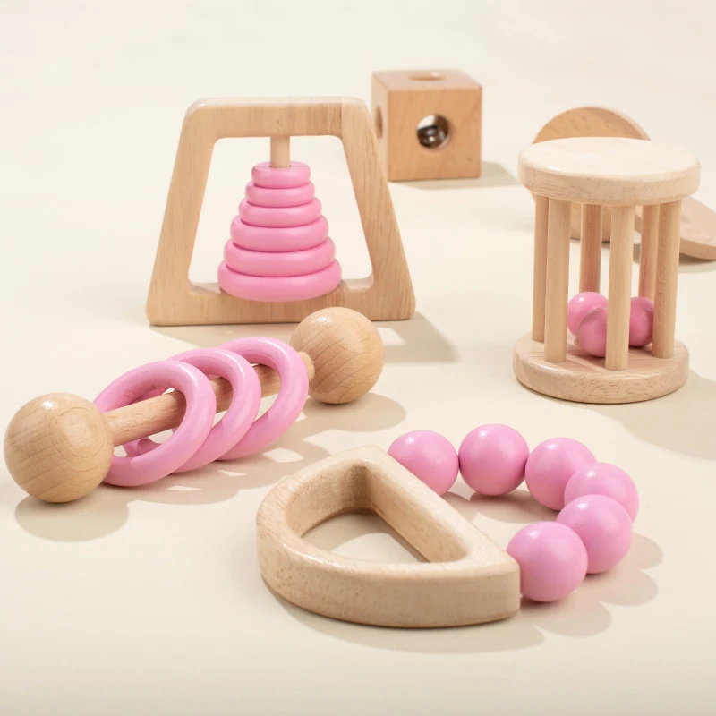 Wooden Baby Rattle Set Colorful Toddler Toy