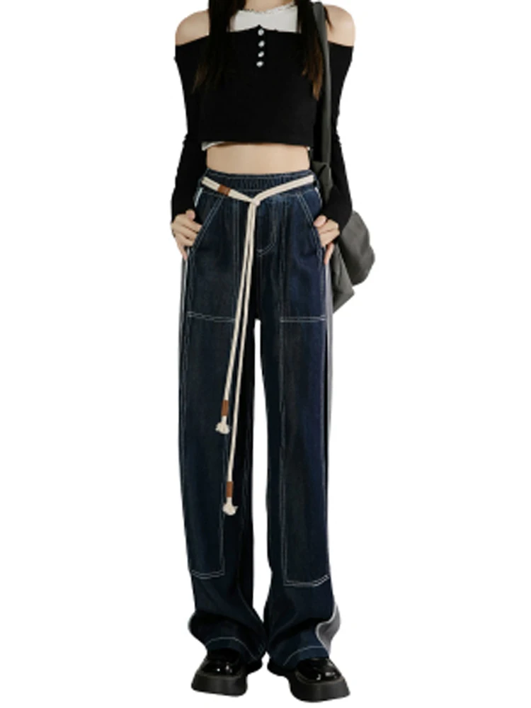 High Street Straight Jeans Women's 2022 New Autumn Hip Fashion Stitching High Waist Loose Casual Mopping Wide Leg Pants Vintage