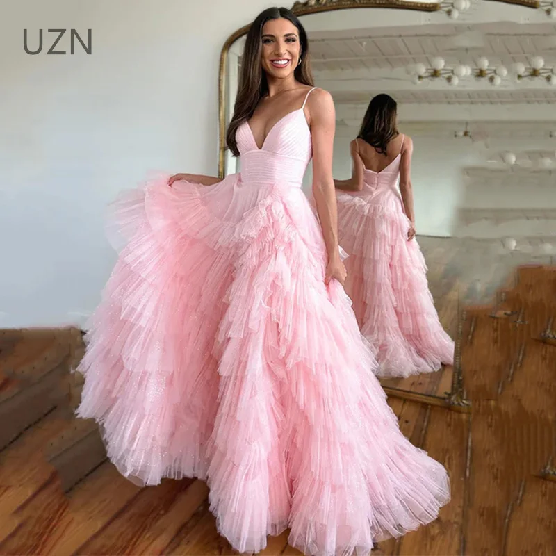 

UZN Classy Pink A-Line Evening Dresses V-Neck Spaghetti Straps Prom Dress Tulle Tiered Princess Party Gown 2023