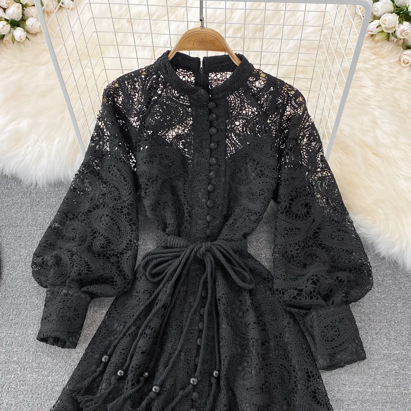 Vintage Court Style Lace Dress Women Elegant Hollowed Out Lantern Long Sleeve Slim Party Dresses Ladies Beige Black Long Robe