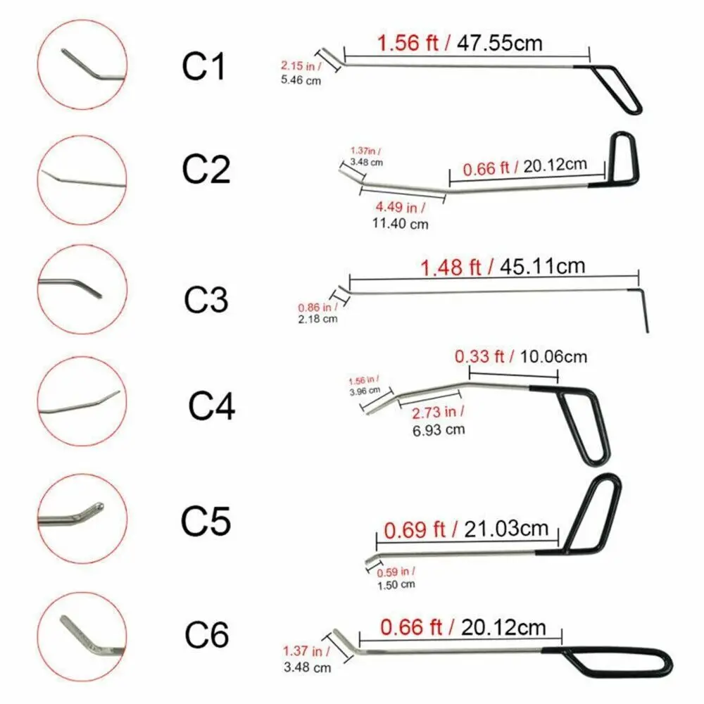 Auto PDR Paintless Extrator Rods, Ferramentas de reparo Dent, Remoção do carro, Granizo Push Kits, 6pcs