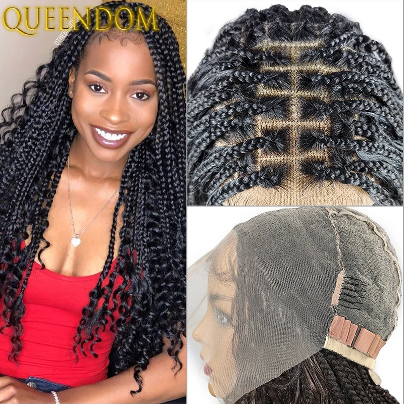 

Synthetic Box Braided Full Lace Wigs 24inch Black Bohemia Lace Front Braids Wig Wih Curly End Boho Lace Frontal Wig for Braiding