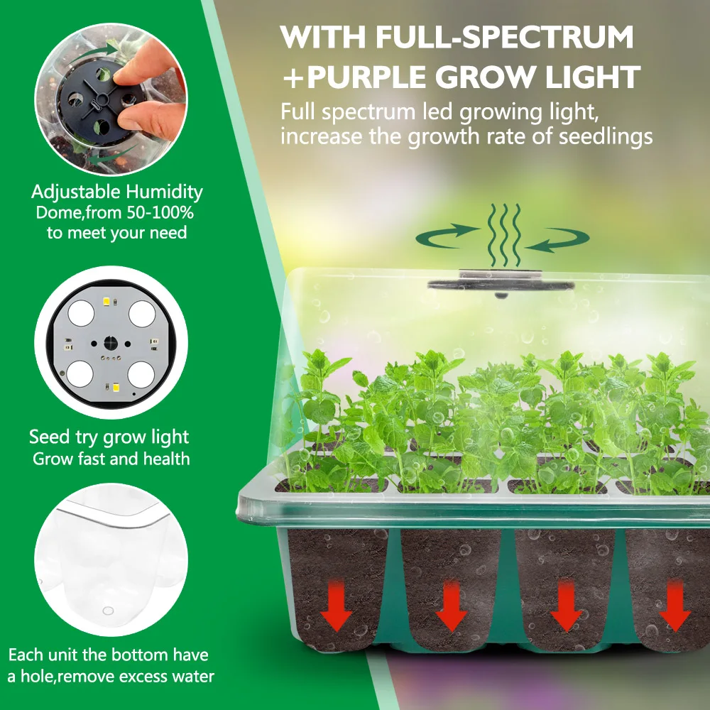 Intelligent Home Planting 12 Cells Per Pot Seed Starter Trays Kit Grow  Lights Warm Light Indoor Garden Germination Nursery