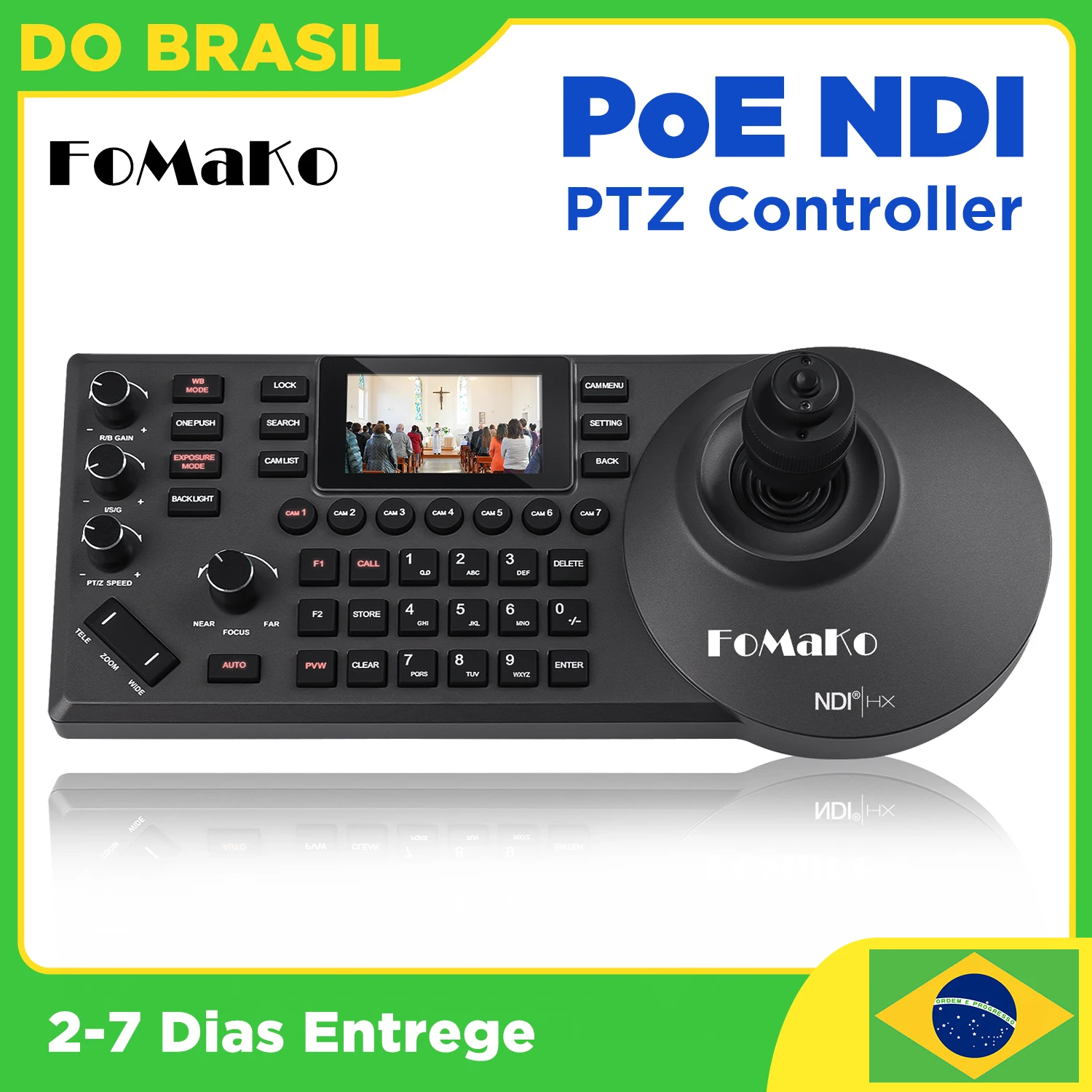 Controlador de Câmera PTZ FoMaKo NDI – Alimentado por PoE, Visor LCD Integrado, Joystick de Precisão 4D, Tecnologia NDI, para Serviço ao Vivo