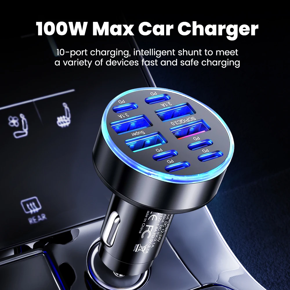 100W 10 Ports Car Charger Fast Charging PD QC3.0 USB C Car Phone Charger Type C Adapter in For iPhone Samsung Huawei Xiaomi