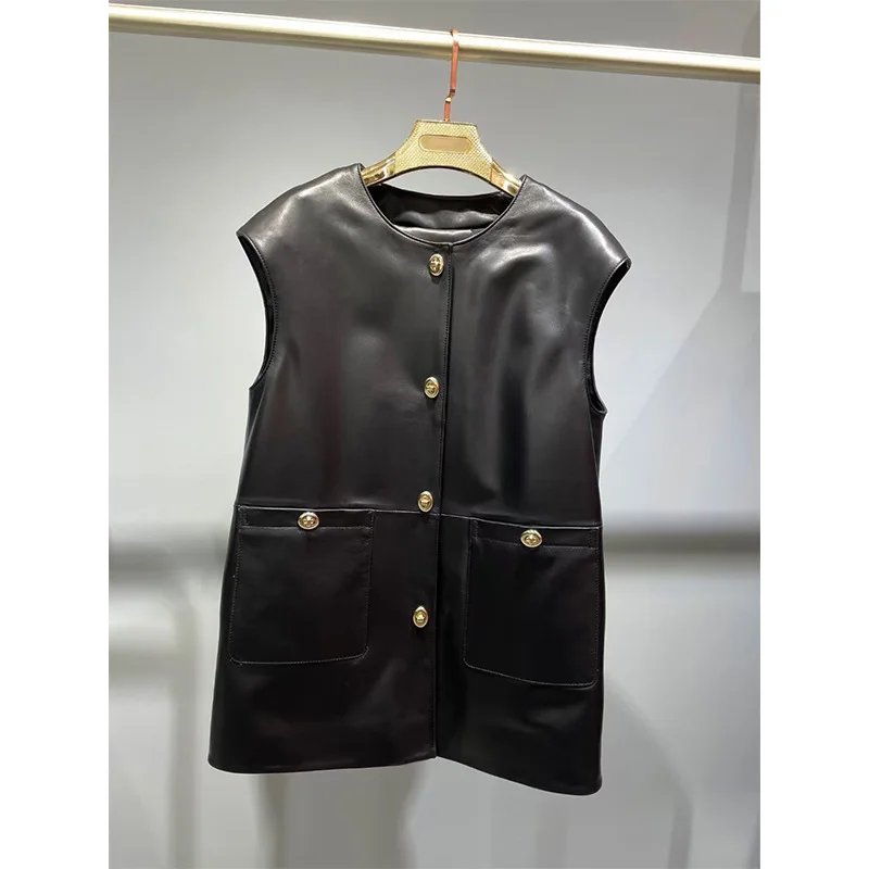 2023 Spring Autumn New Arrival Women Casual  Genuine Leather Vest O-Neck Simple Fashion Jacket