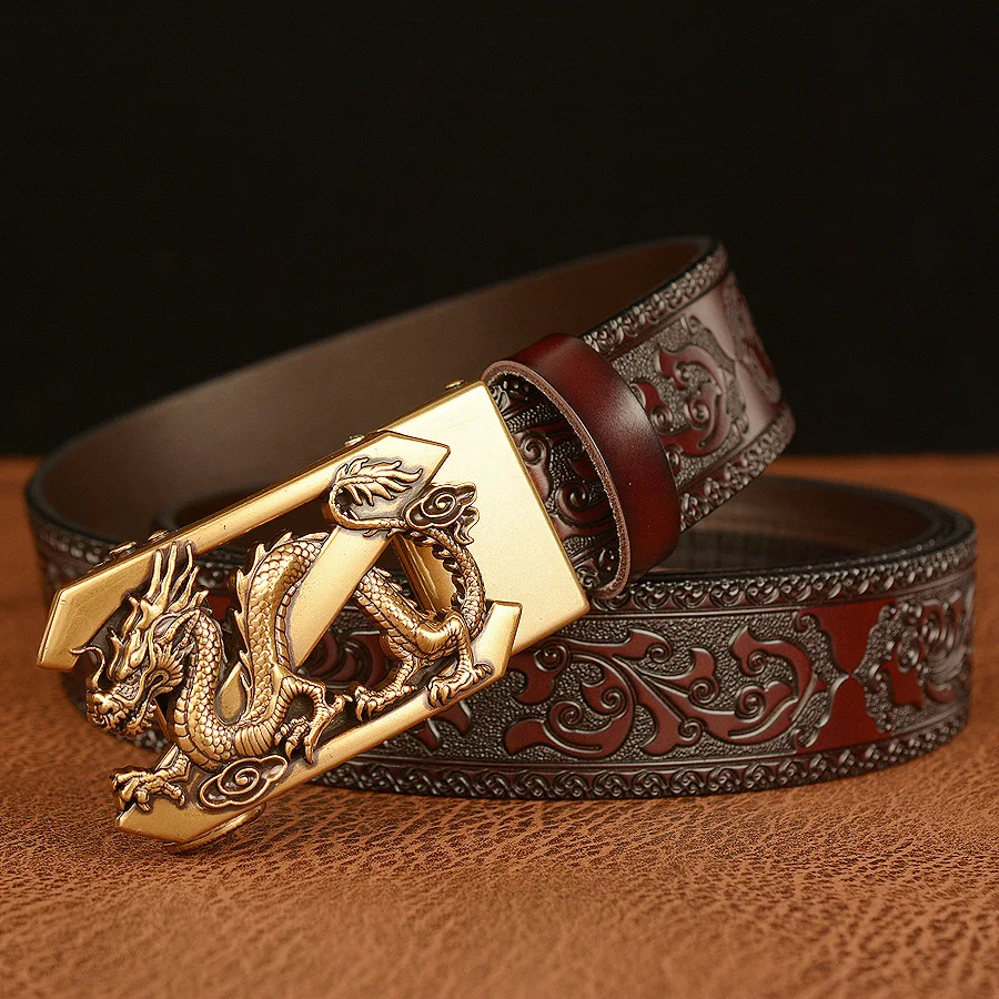 SupSindy Genuine Leather Belt Gold Dragon Metal Automatic Buckle Cowhide Belts for Men Jeans Waistband Male Strap_voghion.com