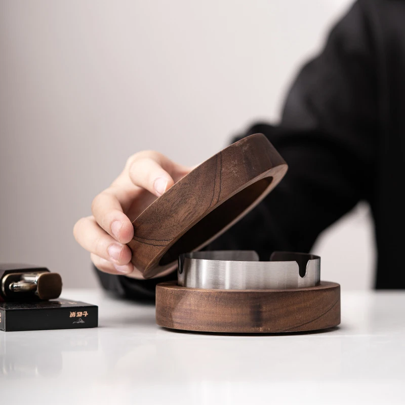 Walnut Wood Ashtrays With Lid Covered Windproof Ashtray With Stainless Steel Liner Indoor Outdoor Ash Tray For Home