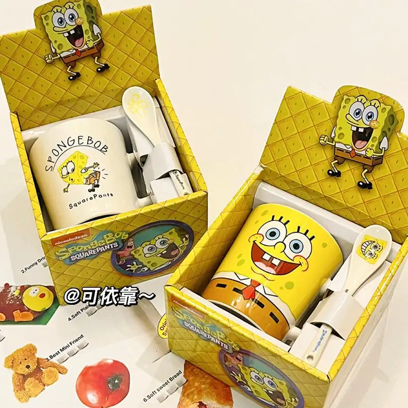 Kawaii Glass Ceramic Mug with Gift Box and Spoon Student Cartoon Spongebobed A Birthday Present Send A Friend