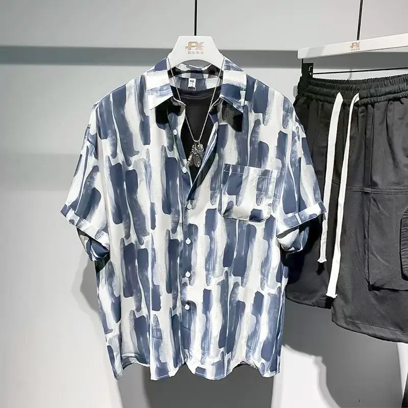 Summer New POLO Collar Fashion Short Sleeve Shirt Man High Street Loose Button Cardigan Casual Printing All-match Pockets Tops
