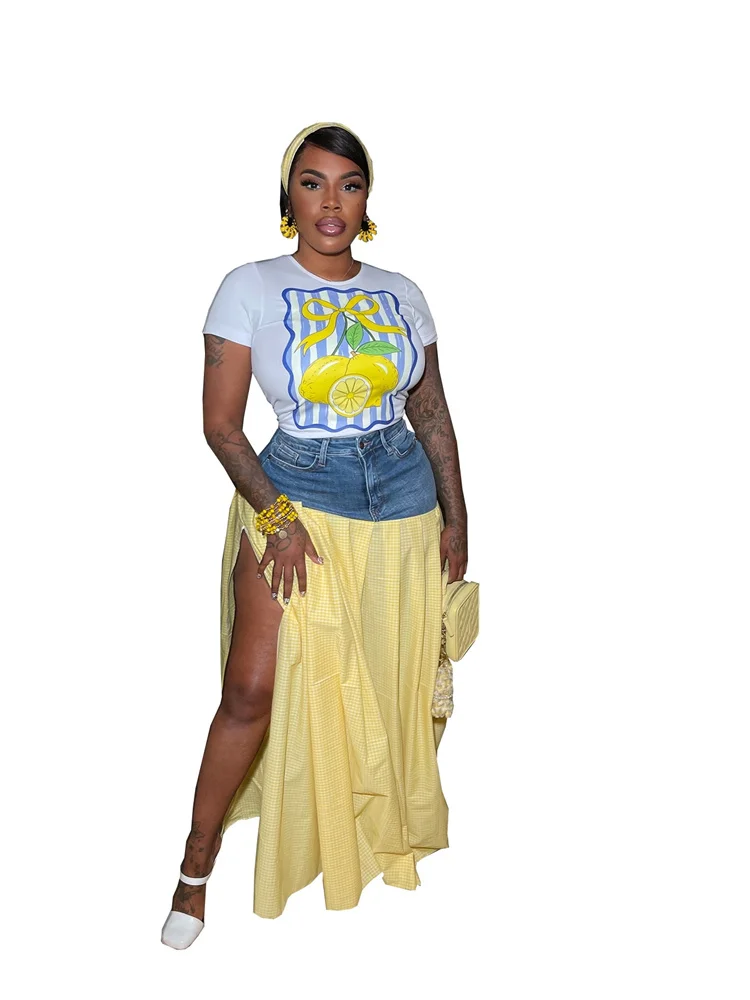 Wmstar Two Piece Set Women Casual Tshirts Top Denim Patchwork Skirts Sets Summer Clothes Matching Suit Wholesale Dropshipping