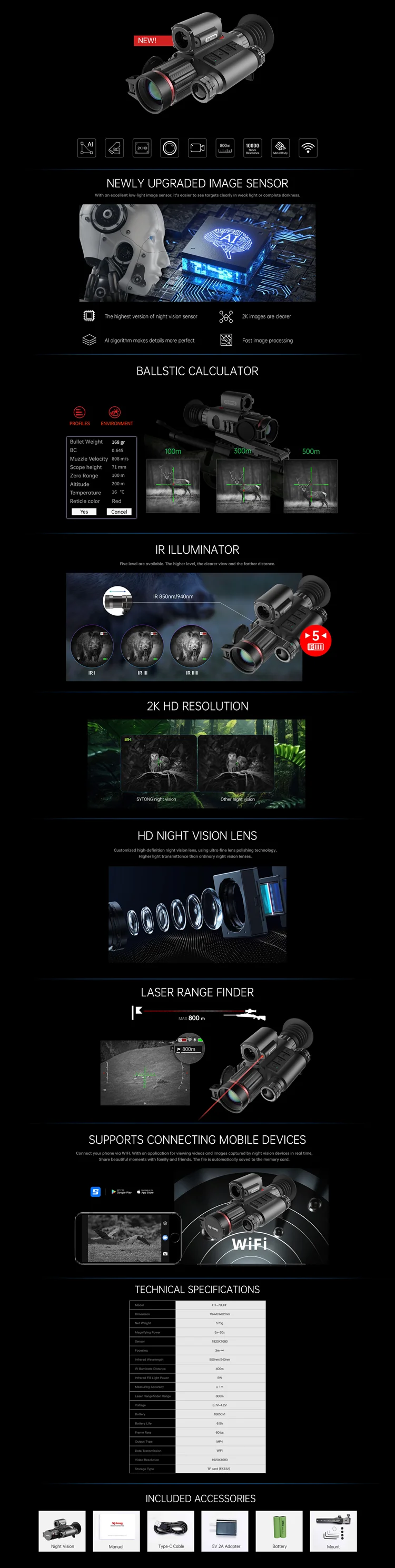 HT-70LRF 850nm 5X-20X Digital Night Vision Device Scope App WIFI  Ranging Monocu