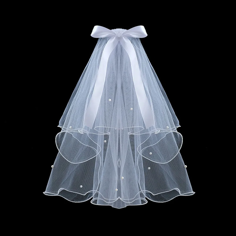 DIDEYTTAWL Two Layers Short Wedding Veils Pearls Tulle Kids Dolls Bridal Veil Bow Ribbon Edge Wedding Accessories White Ivory