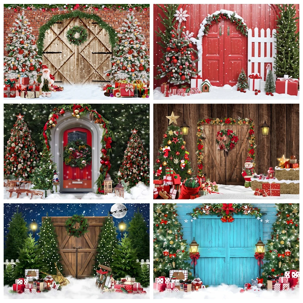 

Christmas Party Photography Background Wooden Door Snow Xmas Tree Window Gift Toys Family Baby Portrait Photocall Backdrop Decor