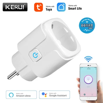 KERUI 스마트 플러그 와이파이 소켓, 투야 스마트라이프 앱 제어, 알렉사 구글 어시스턴트로 작동, EU 16A 전원 모니터 타이밍 기능