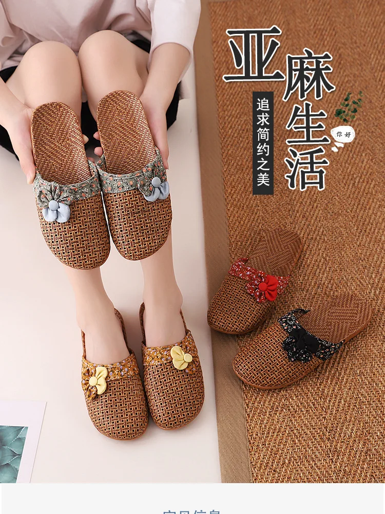 2022 New Linen Slippers Women Summer Bamboo Mats Home Slippers Wooden Floor Shoes Women Eva Soft Sole Beach Slippers Shoes Women