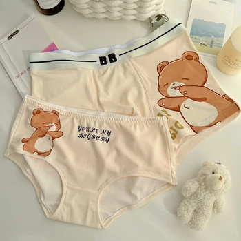 Lolita Couple Panties Cute Cartoon Bear Couple Underwear Men And Women Ice Silk 2024 New Pure Cotton Underwear