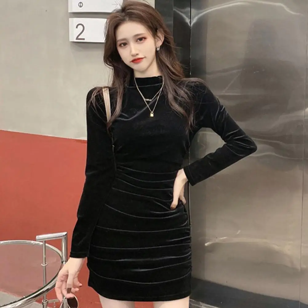 

Slim Fit Dress Elegant Retro Mock Collar Mini Dress for Women Spring Fall Pleated Sheath Slim Fit Solid Color Long Sleeve