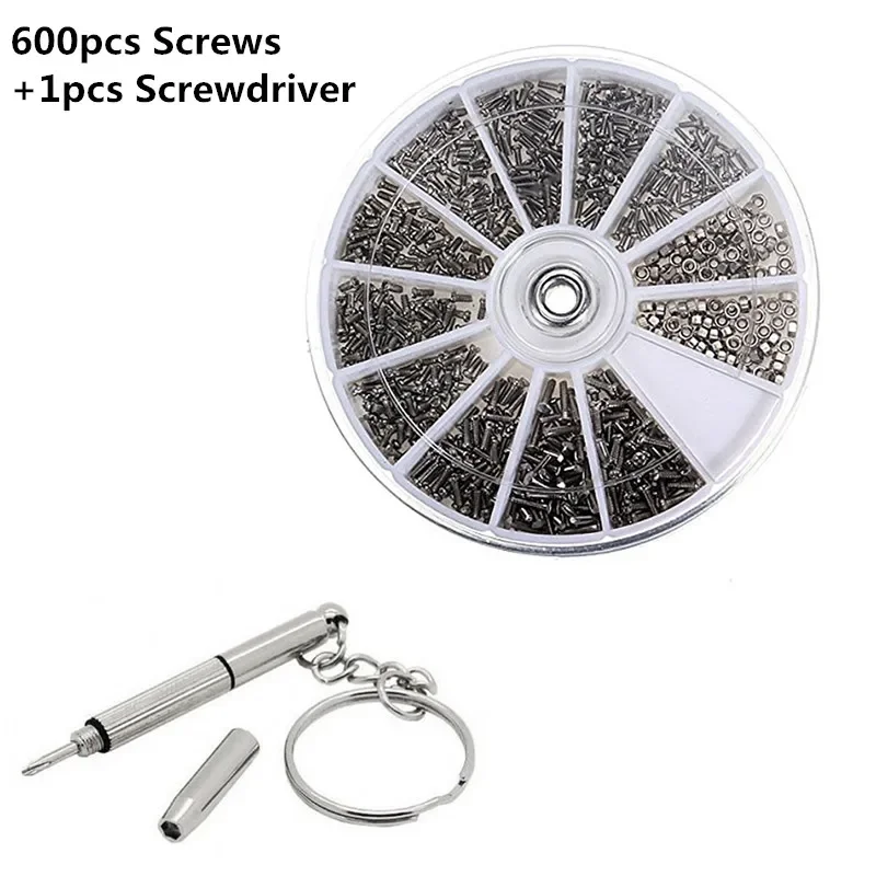 600/1000Pcs Small Screws with Screwdriver Stainless Steel Screws Electronics Nut For Watch Eye Glasses Clock Repair Tool Kit