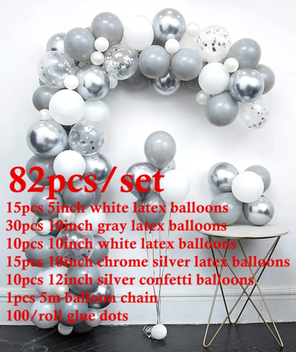 

82pcs Balloon Garland Kit Pastel Gray White Metallic Silver Aluminium Foil Balloon Wedding Birthday Party Baby Shower Decoration
