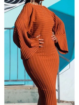 Women's Batwing Sleeve Knitted Rib Long Dress Bodycon Solid Elegant Round Neck Casual Autumn Fashion Solid Vintage Dresses 2024 1